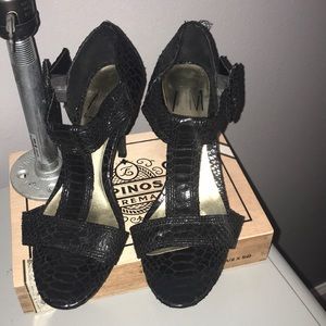 3.5 inch black faux alligator print strappy heel